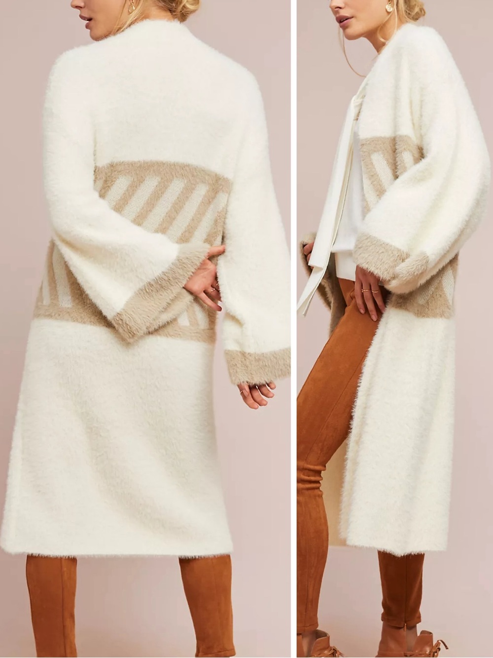 Anthropologie Merzouga Ivory Taupe Geometric Long Fuzzy Kimono Cardigan O/S